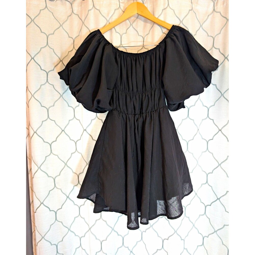 Altard State Black Off Shoulder Smocked Puff Sleeve Mini Dress Women's S Chiffon